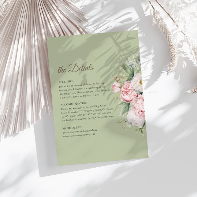 Invitation Sage Green Peony Floral Wedding Details Card (Sage Green Peony Floral Wedding Details Card on a sunny table with dry white botanicals)