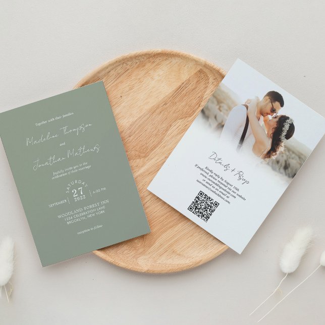 Invitation Sage Green Photo Budget Mariage QR Code Rsvp (Créateur téléchargé)