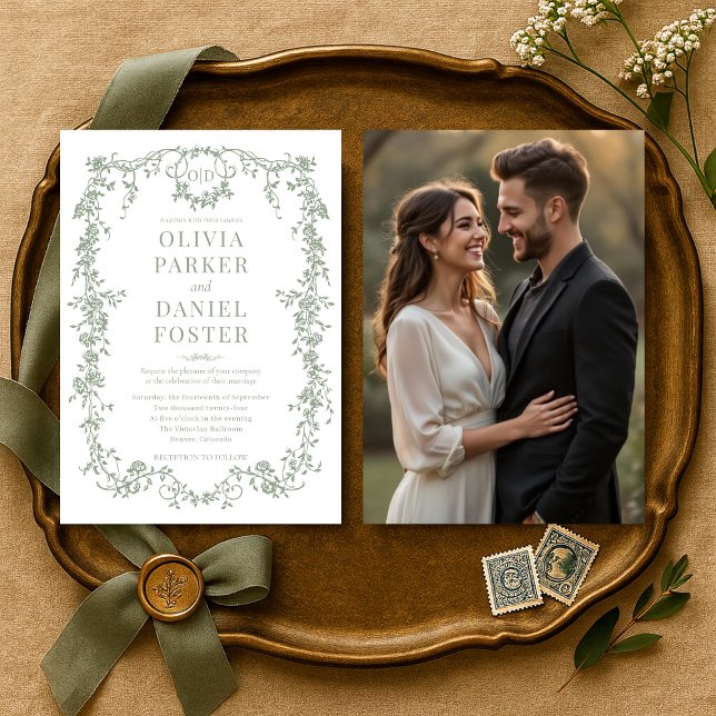 Invitation Sage Green Photo Floral Victorian Mariage français (Créateur téléchargé)
