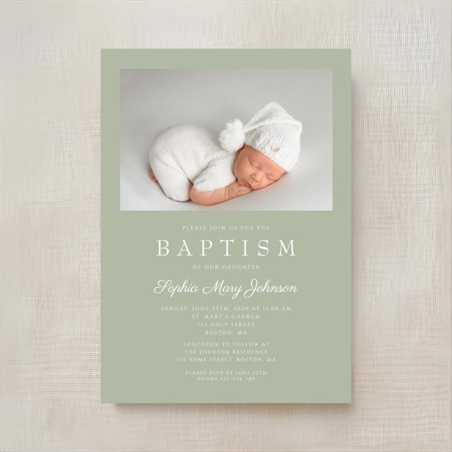 Invitation Sage Green Photo moderne Baptême (Sage Green Modern Photo Baptism Invitation)