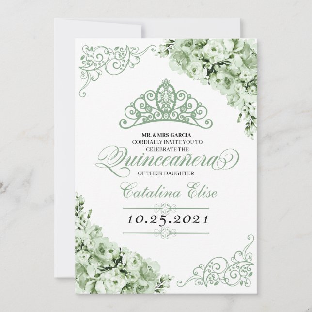 Invitation Sage Green Princess Crown Quinceanera Anniversaire (Devant)