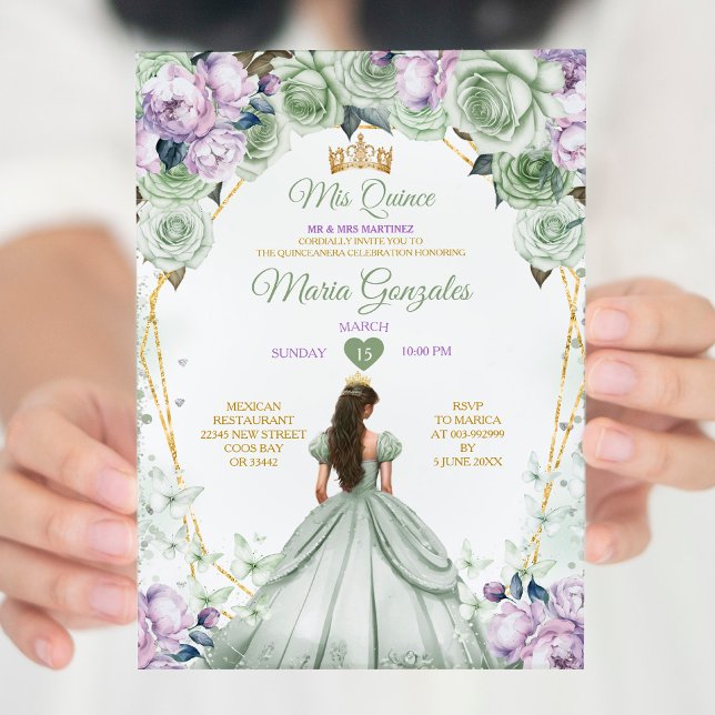 Invitation Sage Green Purple Mis Quince 15 Anos Crown (Créateur téléchargé)