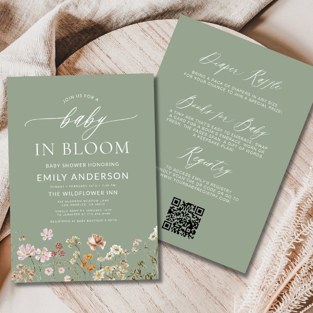 Invitation Sage Green QR Code Fleur sauvage Baby in Bloom (Créateur téléchargé)
