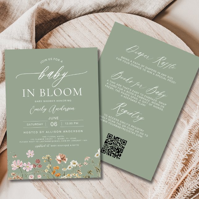 Invitation Sage Green QR Code Fleur sauvage Baby in Bloom (Créateur téléchargé)