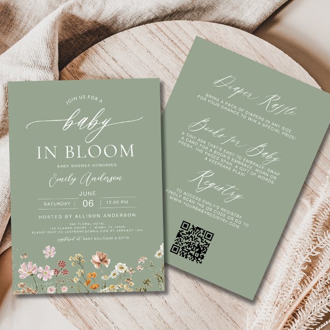 Invitation Sage Green QR Code Fleur sauvage Baby in Bloom (Créateur téléchargé)