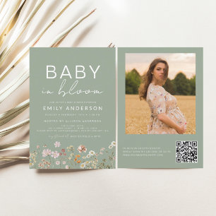 Invitation Sage Green QR Code Fleur sauvage Baby in Bloom Dou