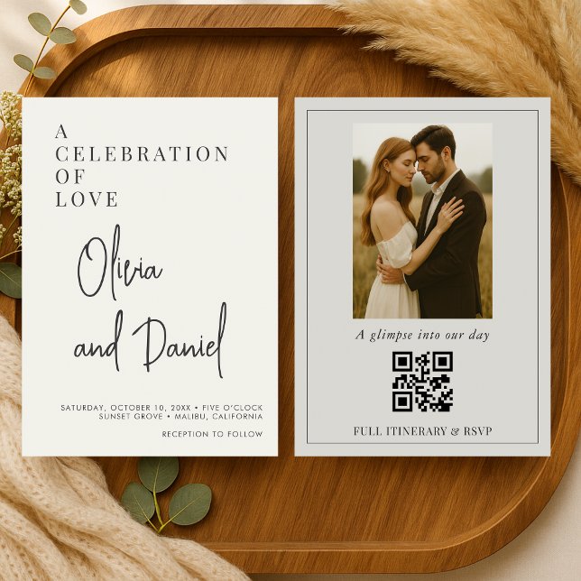 Invitation Sage Green QR Code Wedding Minimalist Script Photo (Créateur téléchargé)