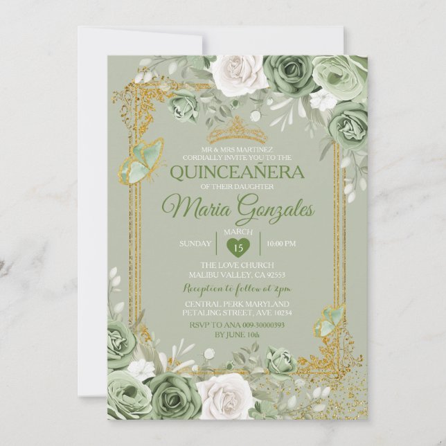 Invitation Sage Green Quinceañera Gold Crown Butterfly (Devant)