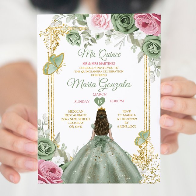 Invitation Sage Green Rose Mis Quince 15 Anos Crown (Créateur téléchargé)