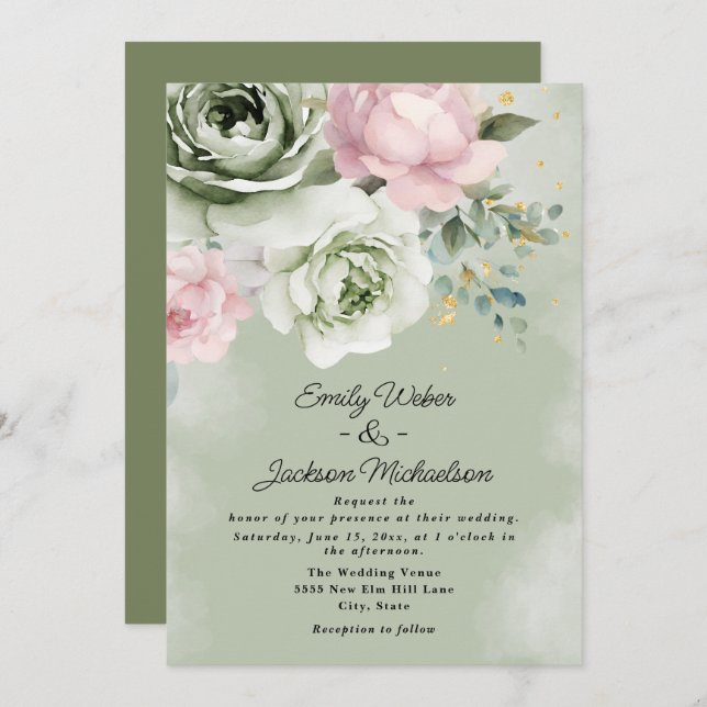 Invitation Sage Green Roses Rose Peonies Mariage Or (Devant / Derrière)