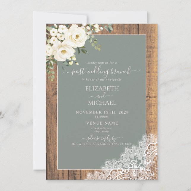 Invitation Sage Green Rustic Wood Script Post Mariage Brunch (Devant)