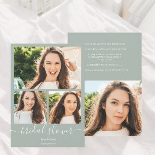 Invitation Sage green script coeur 4 photos douche nuptiale