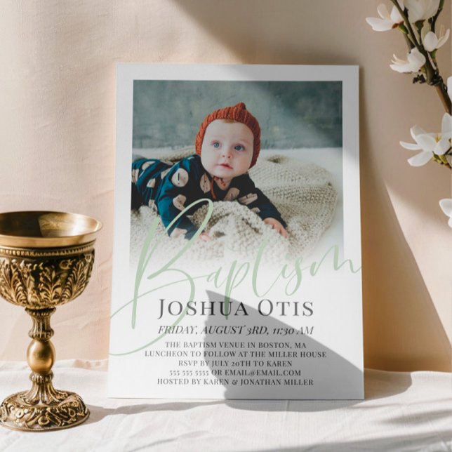 Invitation Sage Green Script Photo Baptême (Créateur téléchargé)