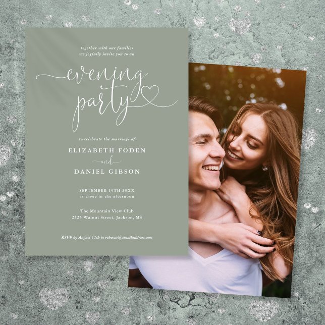 Invitation Sage Green Script Photo Mariage Soirée (Sage Green Script Photo Wedding Evening Party Invitation)