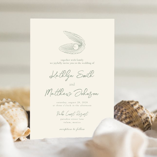 Invitation Sage Green Shell Beach Ocean Destination Mariage (Créateur téléchargé)
