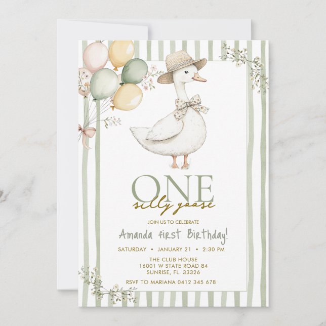 Invitation  Sage Green Silly Goose 1st Birthday  (Devant)
