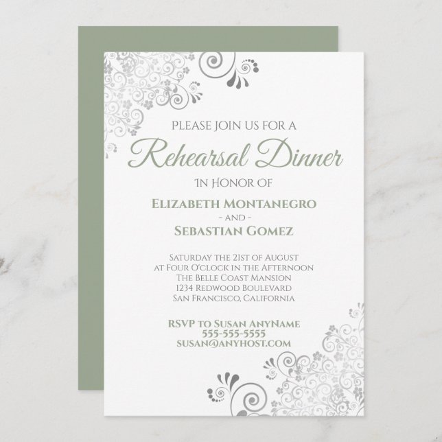 Invitation Sage Green & Silver Dîner de répétition Mariage de (Devant / Derrière)