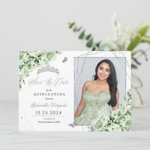 Invitation Sage Green Silver Quinceañera Enregistrer La Date 