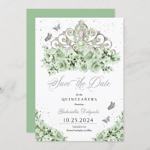 Invitation Sage Green Silver Tiara Enregistrer La Date Quince