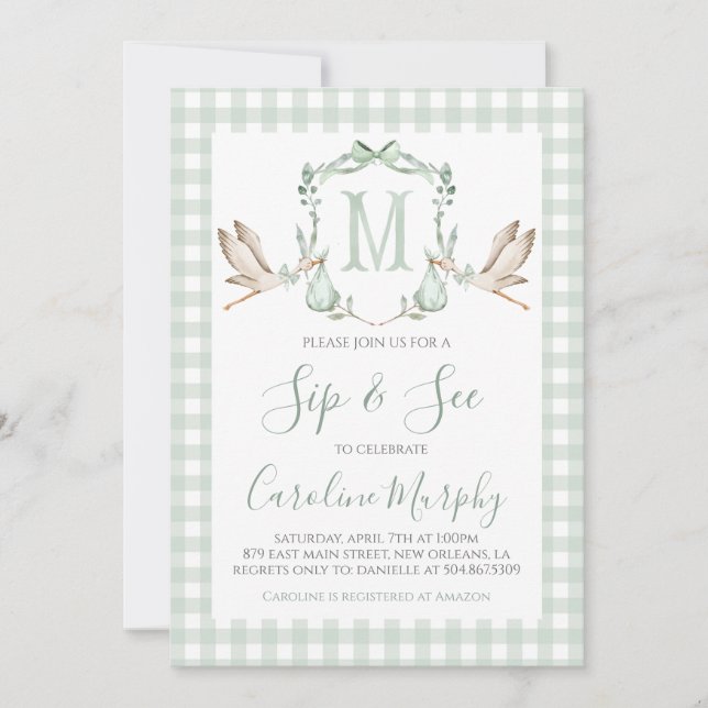 Invitation Sage Green Stork Sip & Voir Preppy En vichy (Devant)