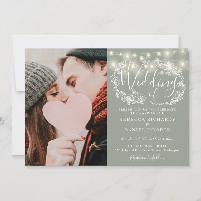Invitation Sage Green String éclaire Floral Photo Mariage (Devant)