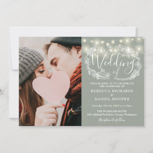 Invitation Sage Green String éclaire Floral Photo Mariage