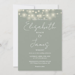 Invitation Sage Green String Lights Élégant Mariage de script