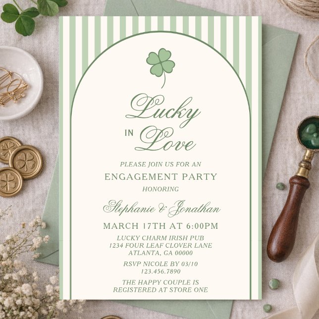Invitation Sage Green Stripe Lucky in Love Engagement Party (Créateur téléchargé)