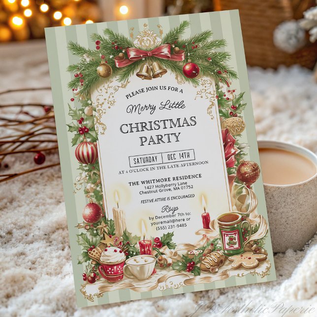 Invitation Sage Green Stripe Merry Little Christmas Party  (Créateur téléchargé)