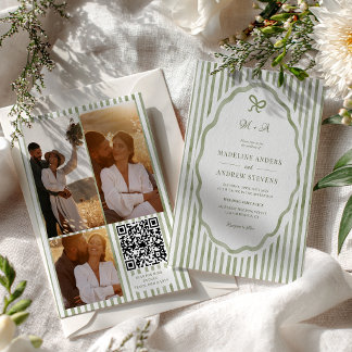 Invitation Sage Green Stripes Garden Photo QR Wedding