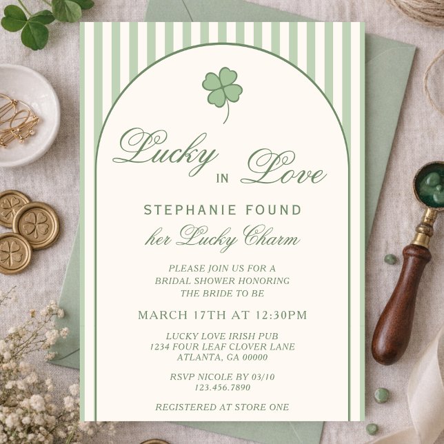 Invitation Sage Green Stripes Lucky in Love Bridal Shower (Créateur téléchargé)