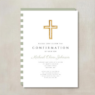 Invitation Sage Green Stripes Religious Boy Confirmation