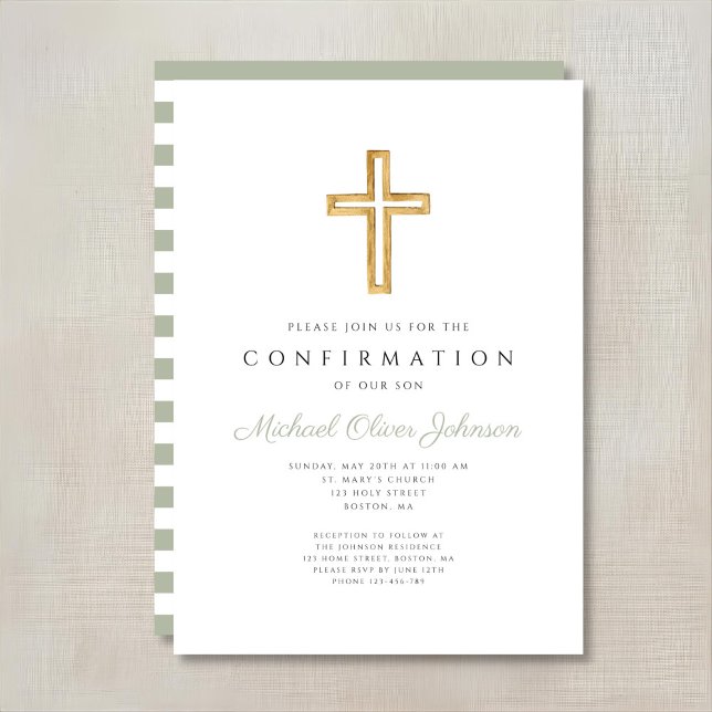 Invitation Sage Green Stripes Religious Boy Confirmation (Sage Green Stripes Religious Boy Confirmation Invitation)