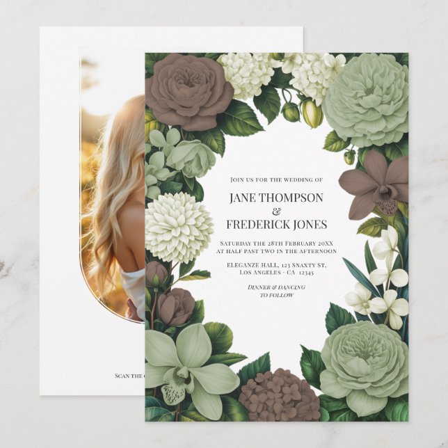 Invitation Sage Green, Taupe & Ivory Floral Wedding (Devant / Derrière)
