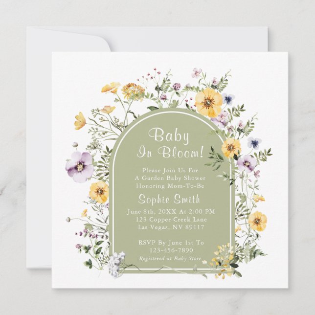 Invitation Sage Green Tea Party Baby in Bloom Baby shower (Devant)