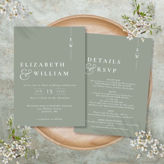 Invitation Sage Green Tout en un Mariage Monogramme moderne (Sage Green All In One Modern Monogram Wedding Invitation)