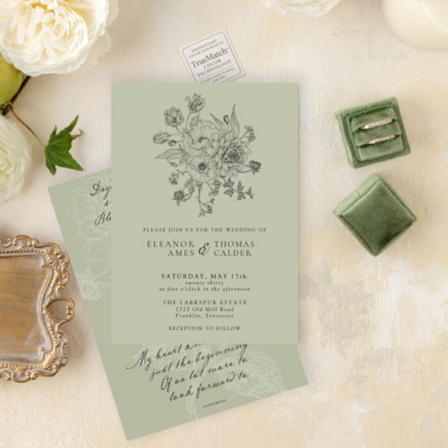 Invitation Sage Green Vintage Floral Victorian Garden Mariage (Créateur téléchargé)
