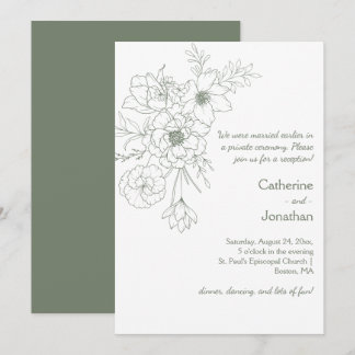 Invitation Sage Green Vintage Line Drawn Bouquet Reception