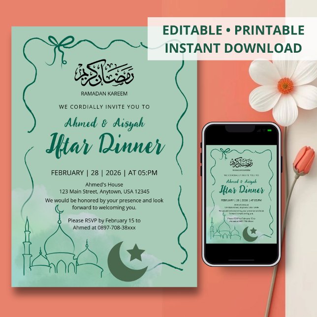 Invitation Sage Green Watercolor Mosque Iftar Dinner (Créateur téléchargé)