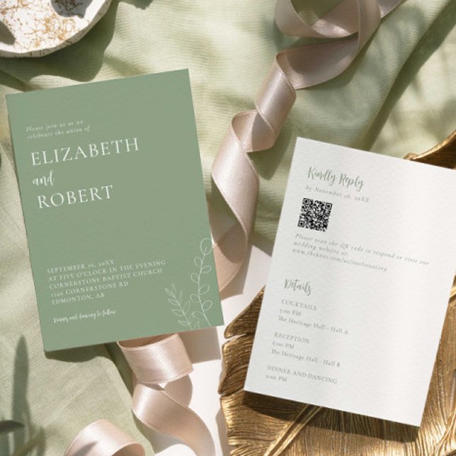 Invitation Sage Green Wedding Minimalist Modern QR Code (Créateur téléchargé)