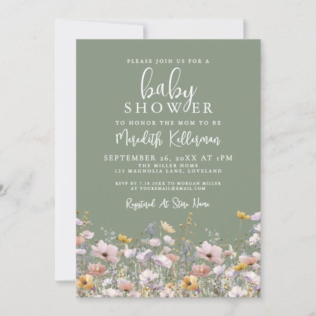 Invitation Sage Green Wildflower Baby Shower (Devant)