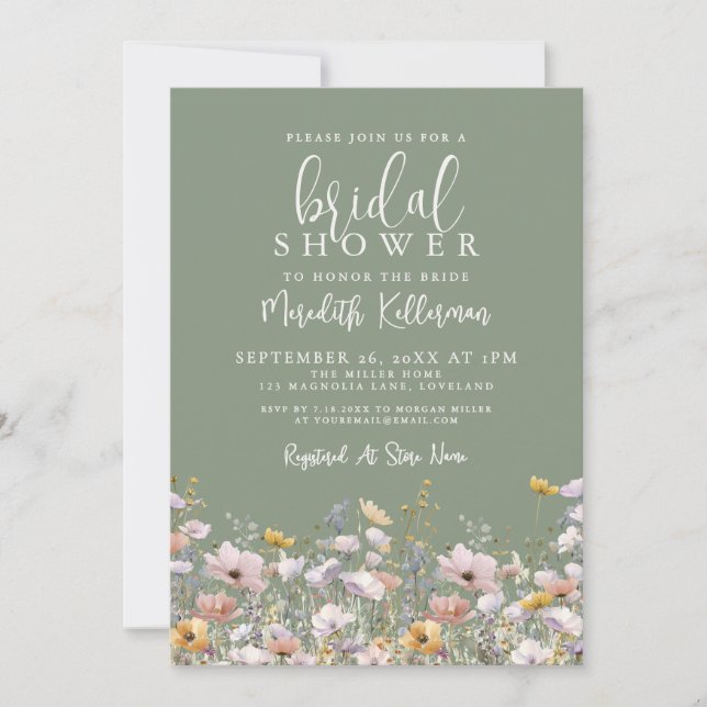Invitation Sage Green Wildflower Bridal Shower (Devant)