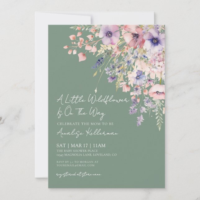 Invitation Sage Green Wildflower Floral Baby Shower (Devant)