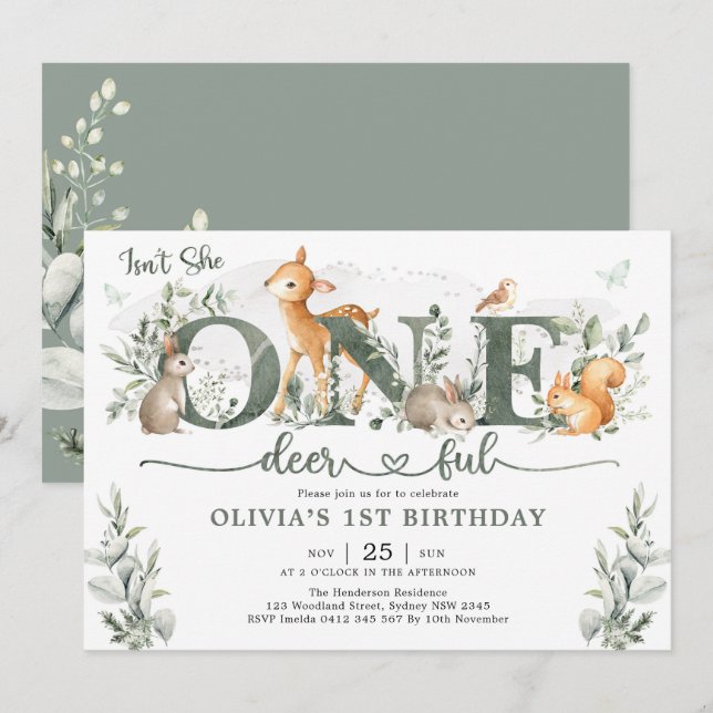 Invitation Sage Green Woodland One-deerful 1st Birthday Girl (Devant / Derrière)