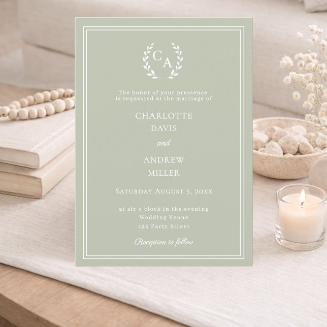 Invitation Sage green wreath monogram simple wedding  (Créateur téléchargé)