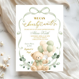 Invitation Sage Greenery Bow Coquette Bear Baby Shower