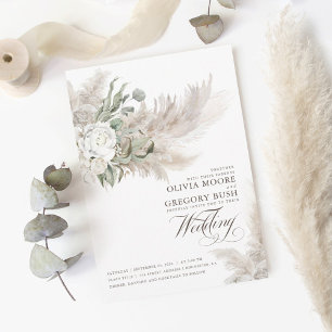 Invitation Sage Greenery Fleurs blanches Pampas Grass Mariage
