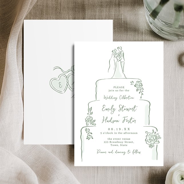 Invitation Sage Hand Drawn Wedding Cake Whimsical (Sage Hand Drawn Wedding Cake Whimsical Invitation)