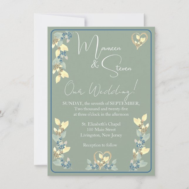 Invitation Sage, Jaune et Bleu teintes Mariage Floral (Devant)