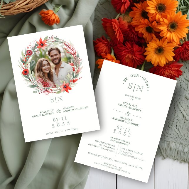 Invitation Sage Luxury Initials Floral Red Shades Round Photo (Sage Luxury Initials Floral Wreath Red Shades Round Photo Wedding Invitation Card.)